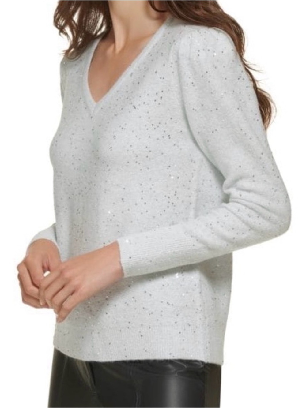 KARL LAGERFELD PARIS Womens Puff Sleeve Sequin Sweater in White Silver size Smal